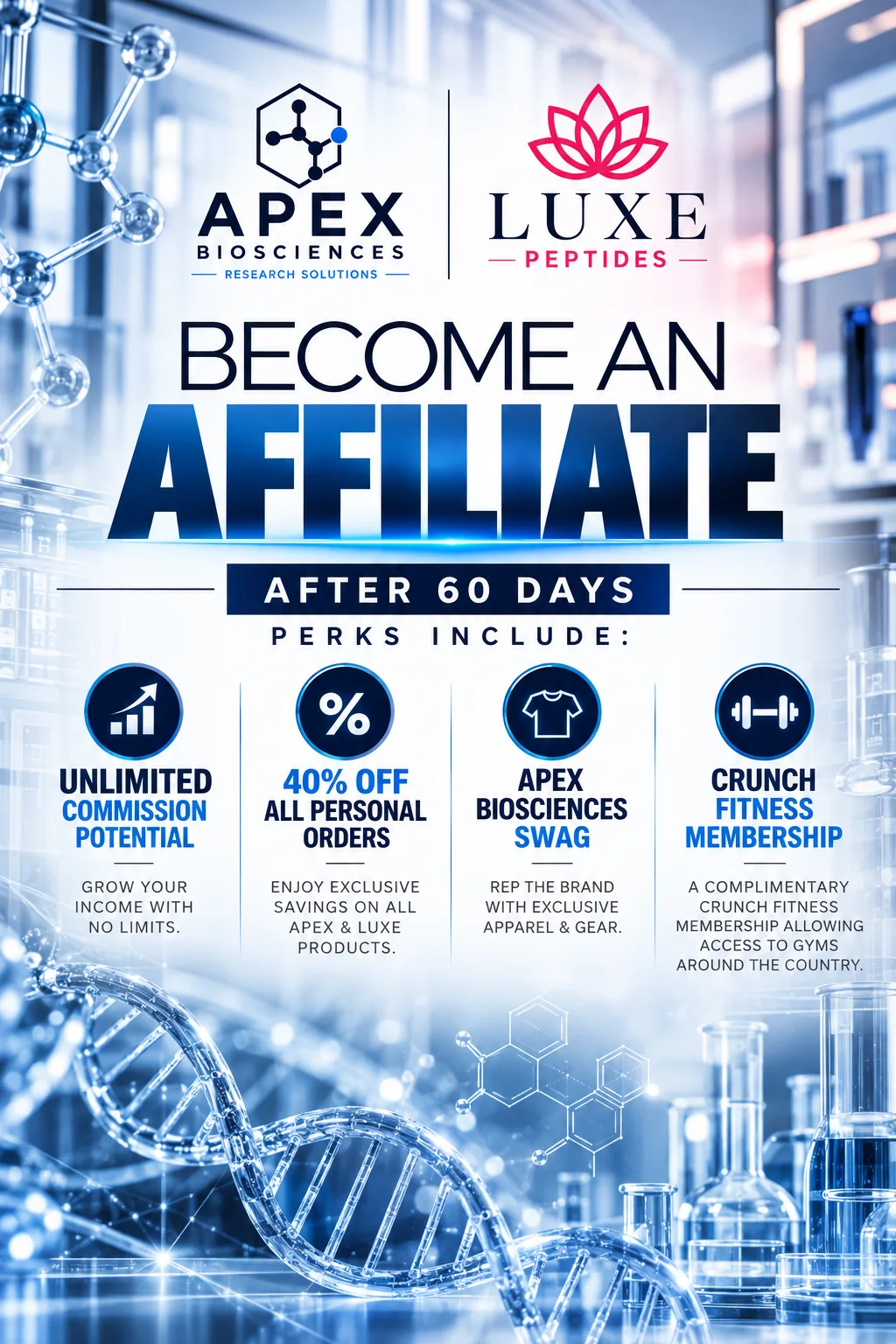 Apex Biosciences and LUXE Peptides poster: Become an affiliate. After 60 days, perks include unlimited commission potential, 40% off all personal orders, Apex Biosciences swag and a complimentary Crunch Fitness membership.