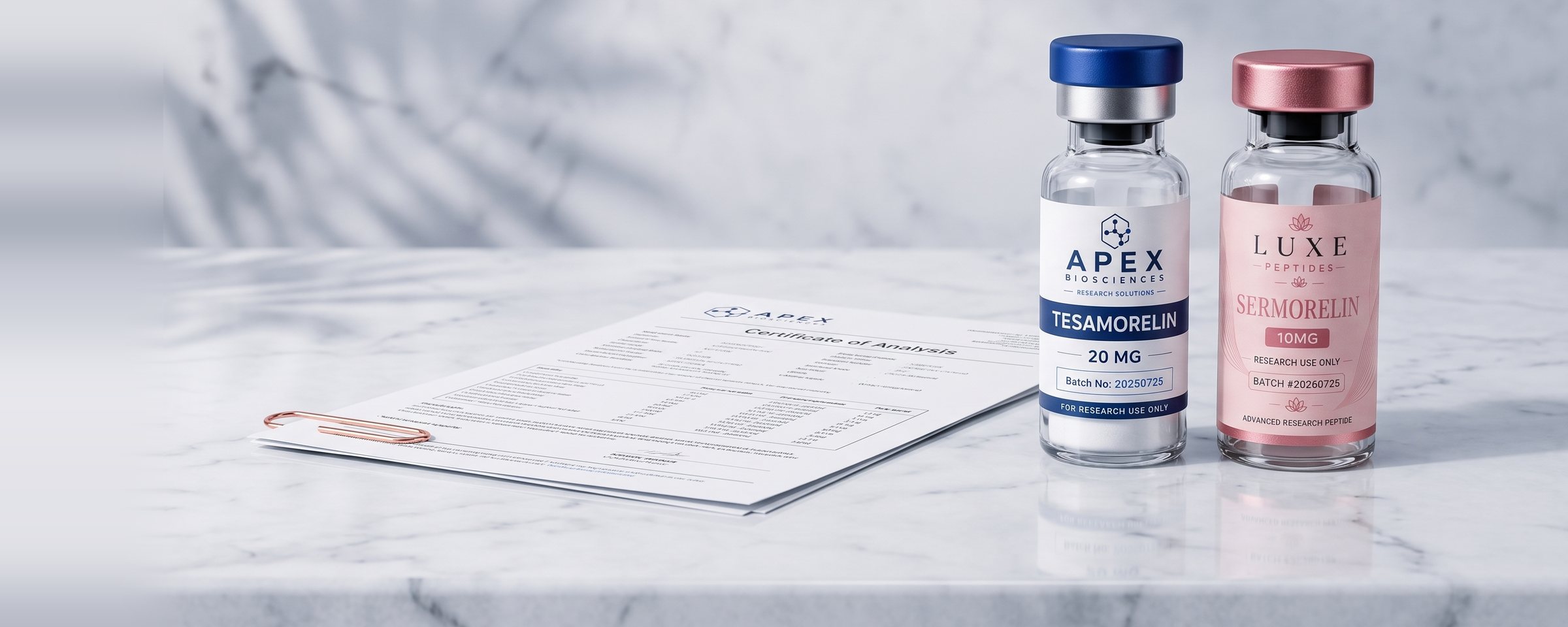 A certificate of analysis lying beside an Apex Biosciences vial and a LUXE Peptides vial on a white marble bench