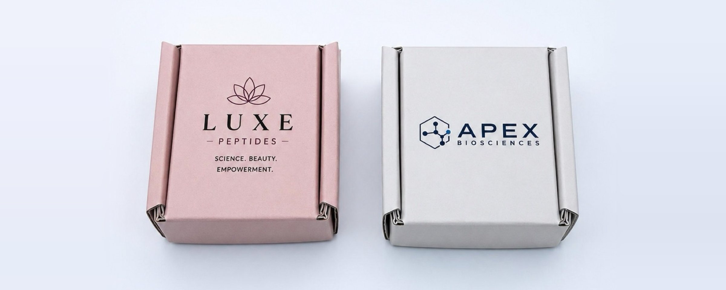 An Apex Biosciences box and a LUXE Peptides box, closed, side by side