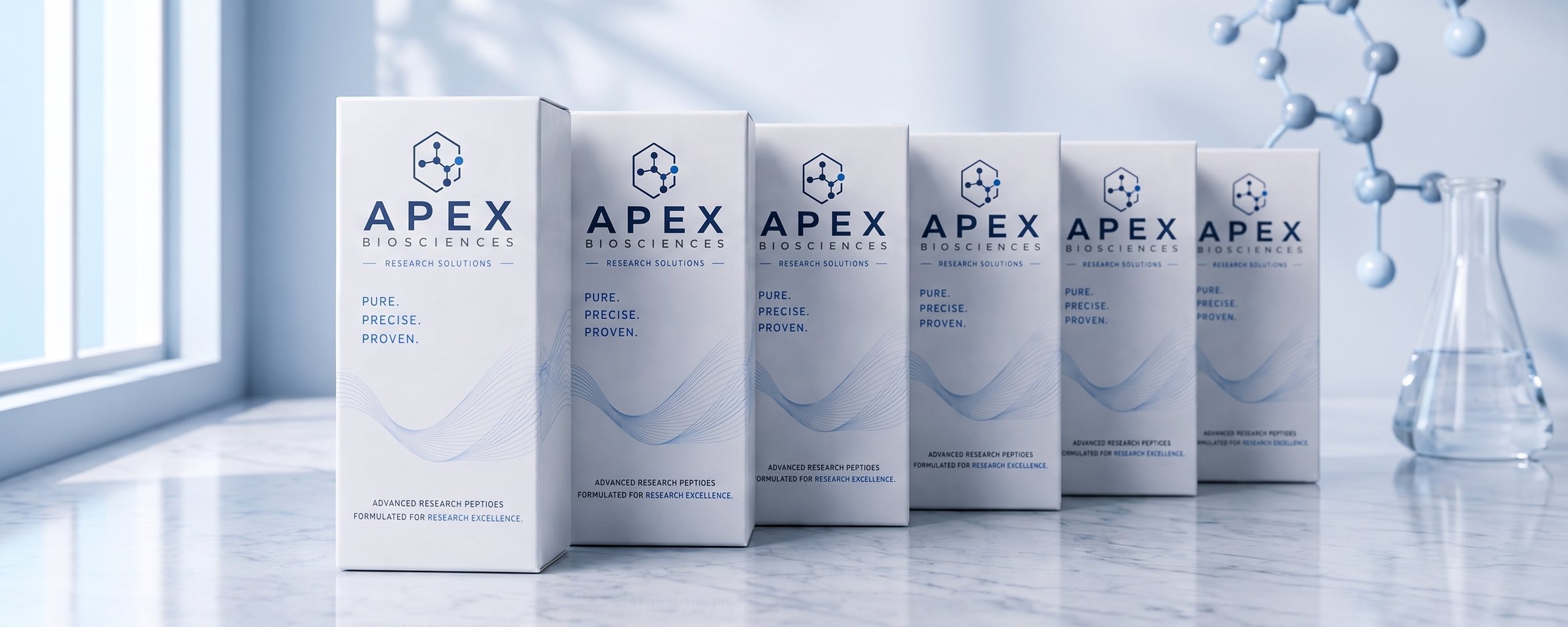 Apex Biosciences vials in a row on a white marble laboratory bench