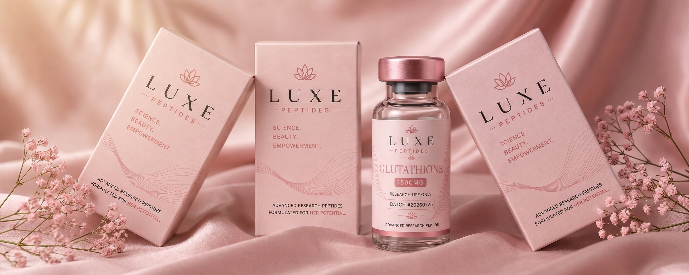 LUXE Peptides vials on dusty-pink satin