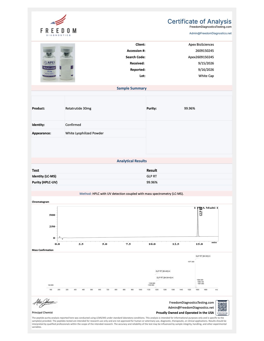 The first page of a Freedom Diagnostics Testing certificate of analysis for an Apex Biosciences batch