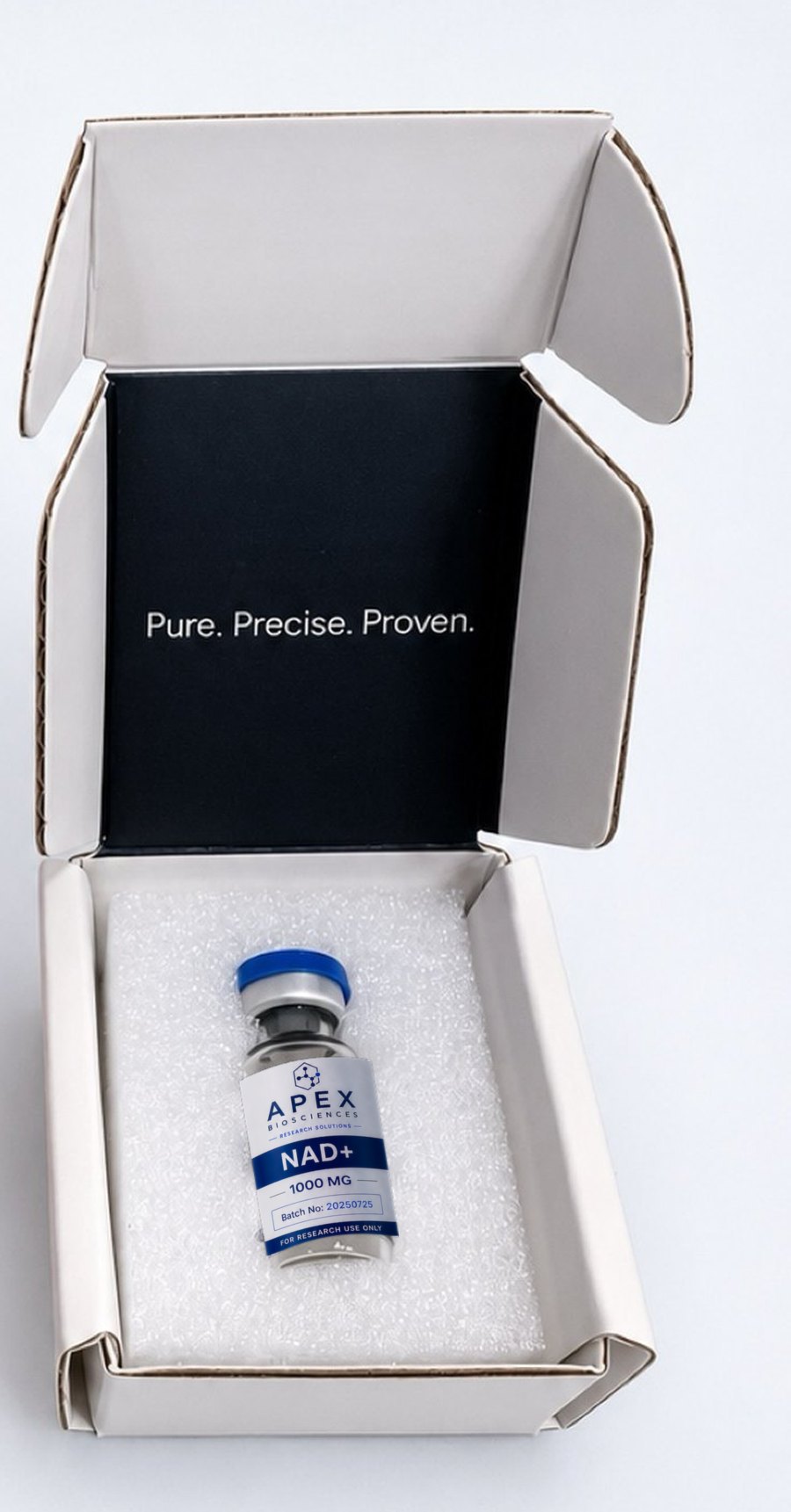 An open Apex Biosciences box with a NAD+ 1000 mg vial nested in its foam insert