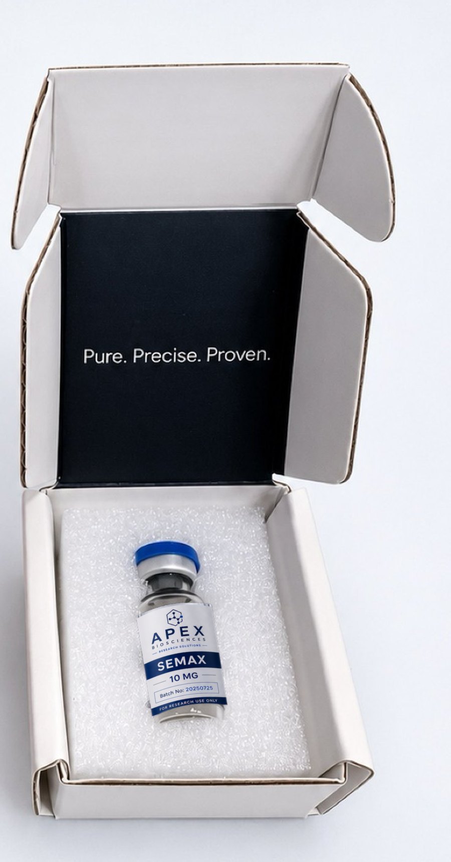 An open Apex Biosciences box with a Semax 10 mg vial nested in its foam insert