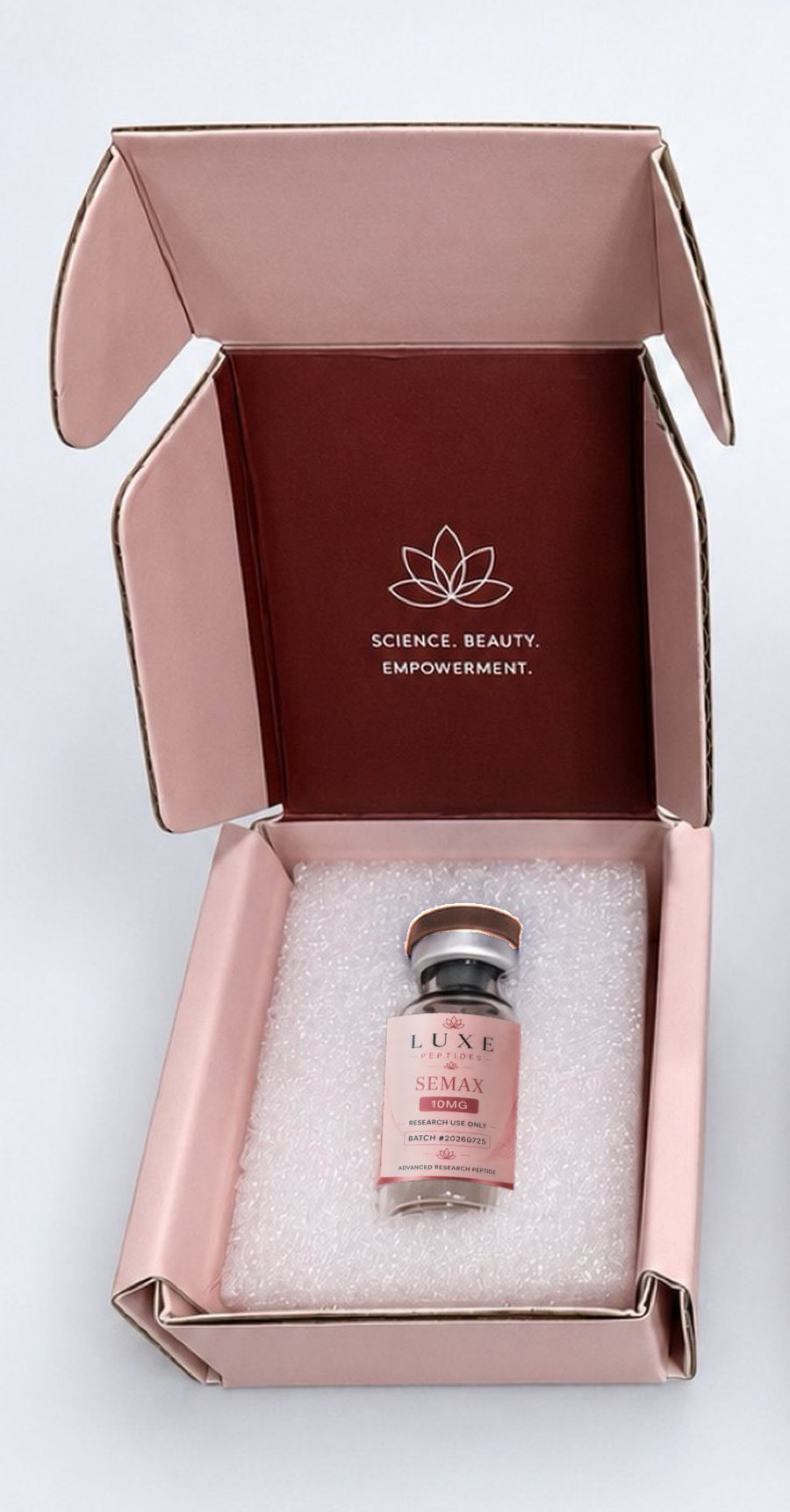 An open LUXE Peptides box with a Semax 10 mg vial nested in its foam insert