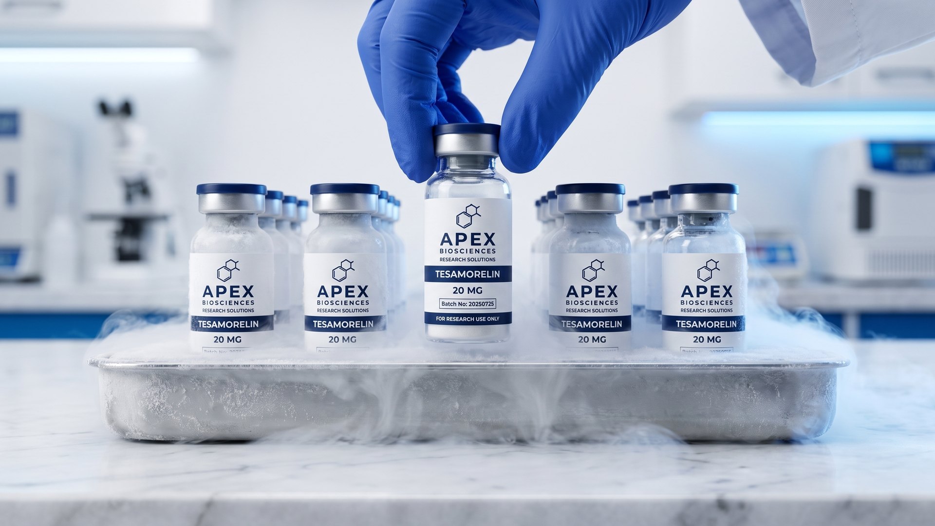 A blue nitrile-gloved hand lifting an Apex Biosciences Tesamorelin 20 mg vial out of a frosted stainless cold tray of vials, frost vapour rolling over a white marble bench