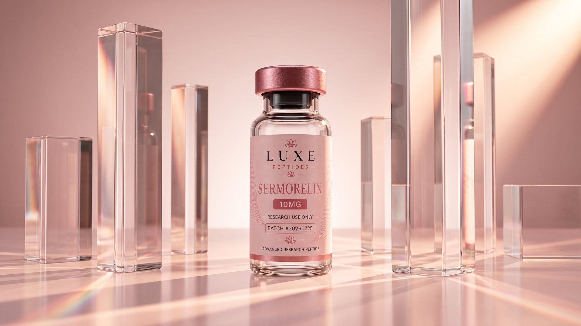 A LUXE Peptides Sermorelin 10 mg vial with a rose-gold cap standing on pale blush glass among tall clear prisms, warm light split into rose-gold reflections across the surface