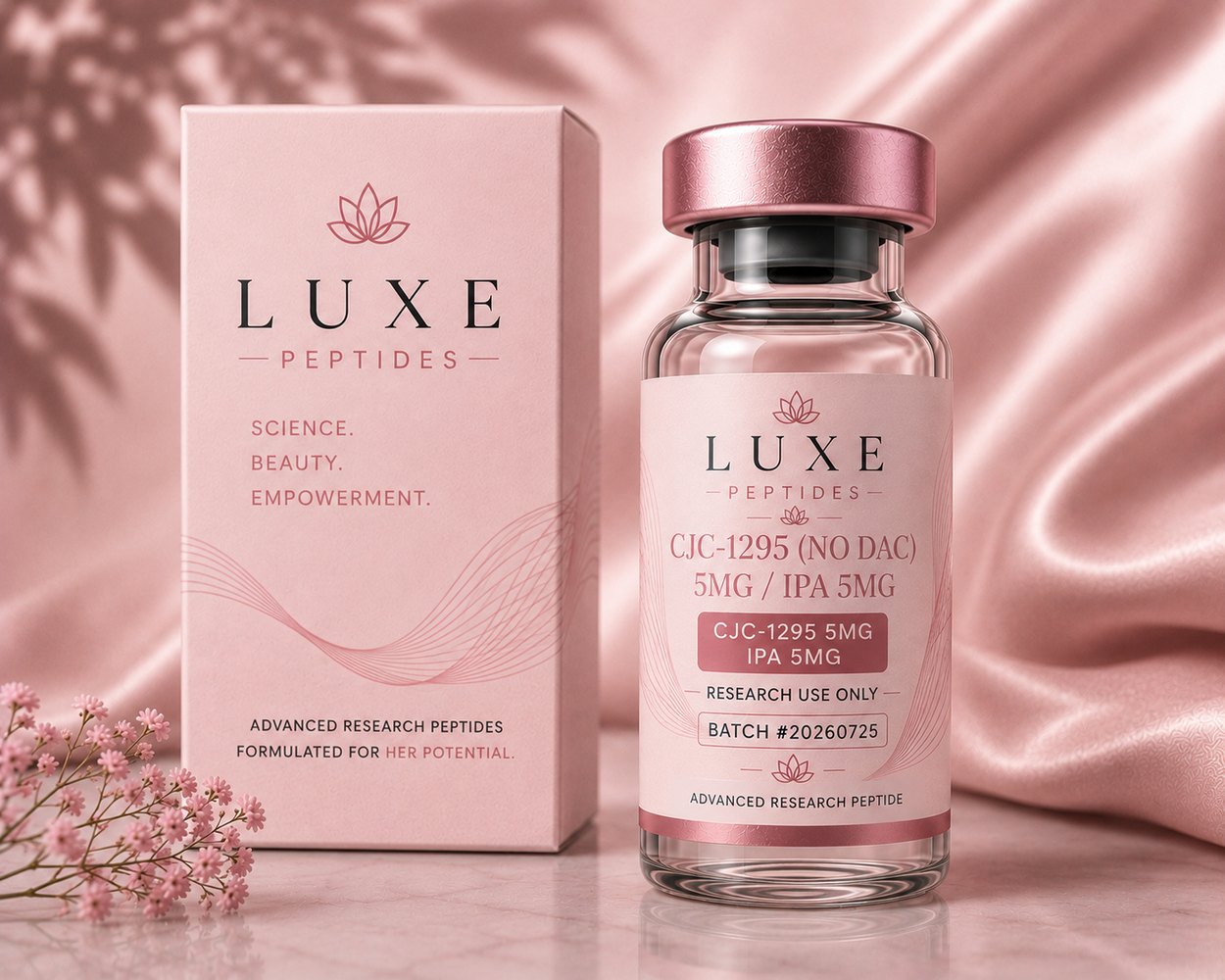LUXE Peptides CJC-1295 (No DAC) + Ipamorelin 5 mg + 5 mg vial and box