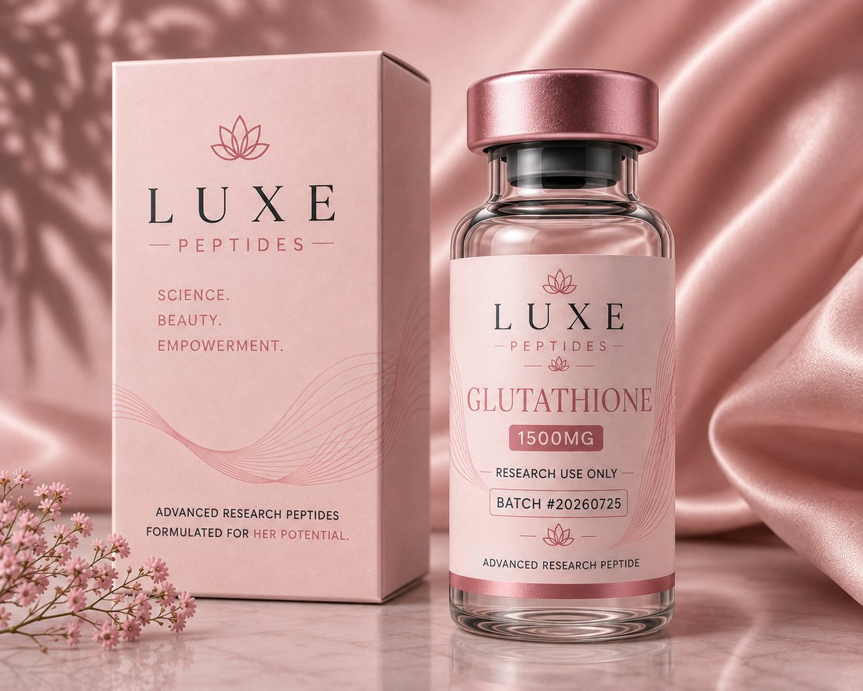 LUXE Peptides Glutathione 1500 mg vial and box