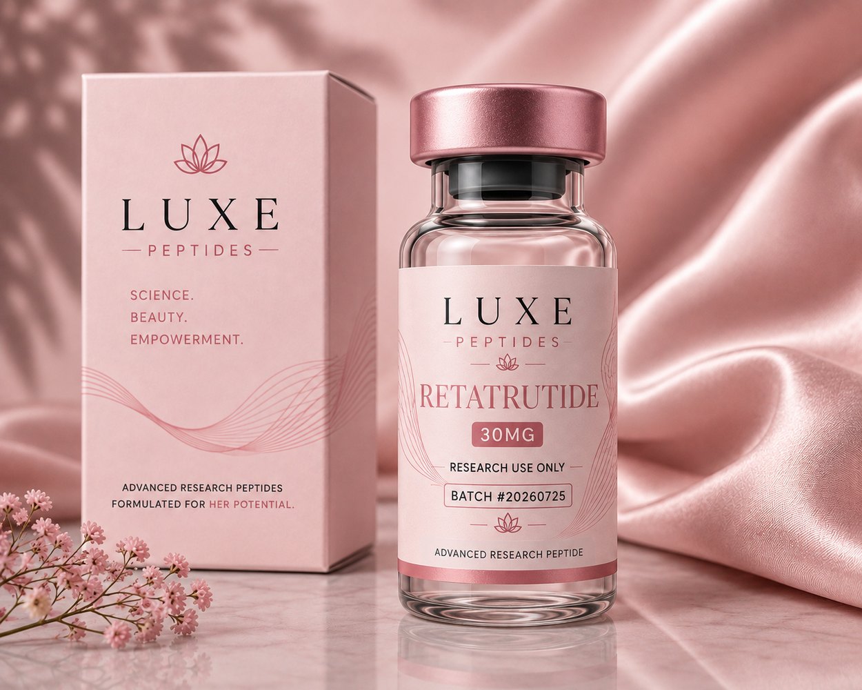 LUXE Peptides Retatrutide 30 mg vial and box