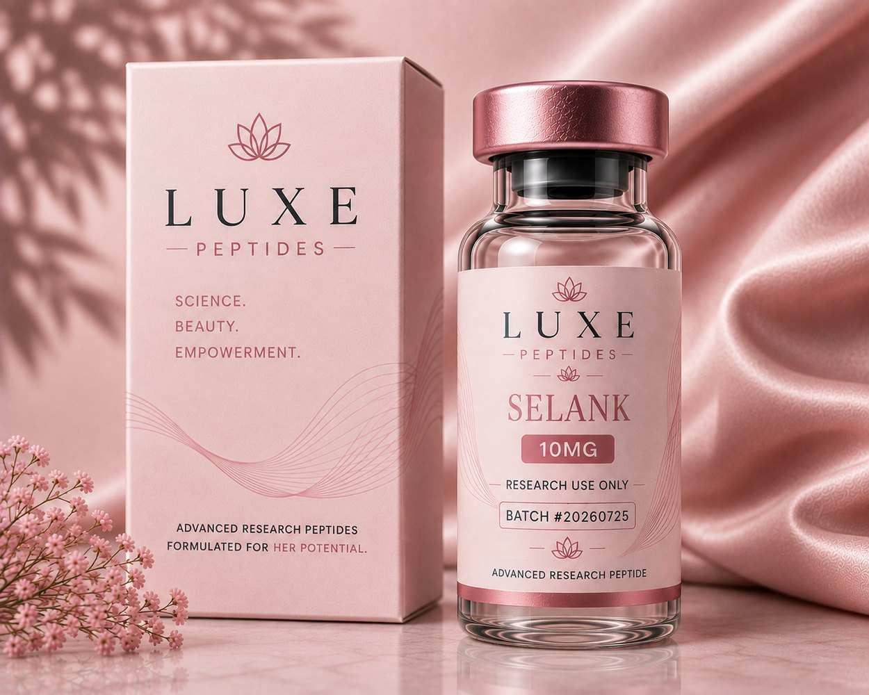 LUXE Peptides Selank 10 mg vial and box