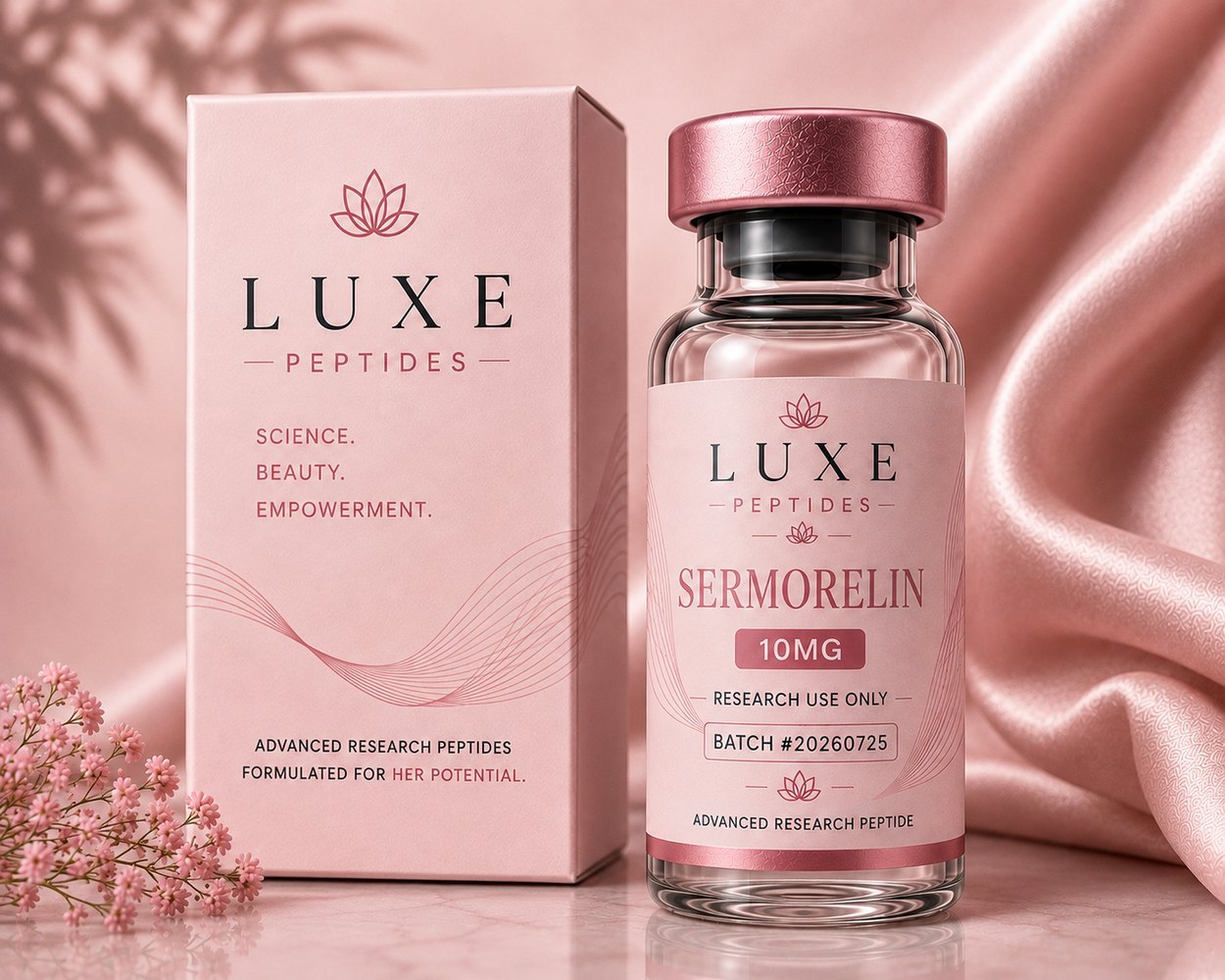 LUXE Peptides Sermorelin 10 mg vial and box