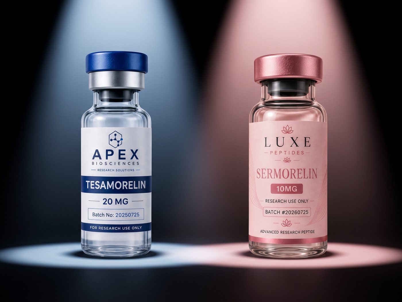 An Apex Biosciences Tesamorelin vial and a LUXE Peptides Sermorelin vial, each standing under its own light