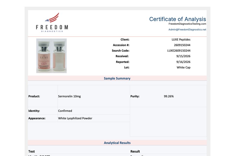 The top of a Freedom Diagnostics certificate of analysis for a LUXE Peptides batch