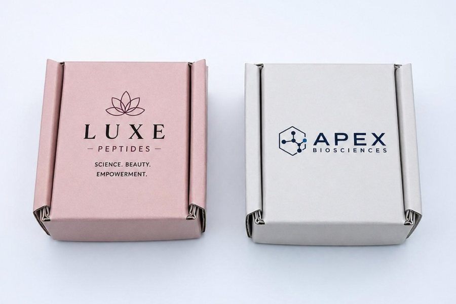 An Apex Biosciences box and a LUXE Peptides box, closed, side by side