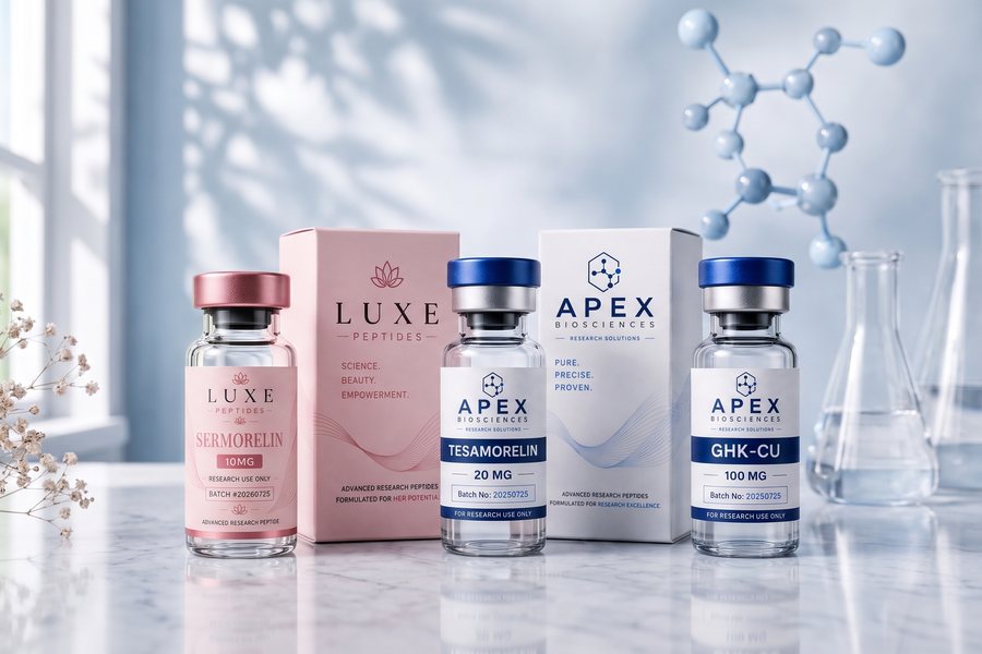 Apex Biosciences and LUXE Peptides vials with their boxes on a marble bench
