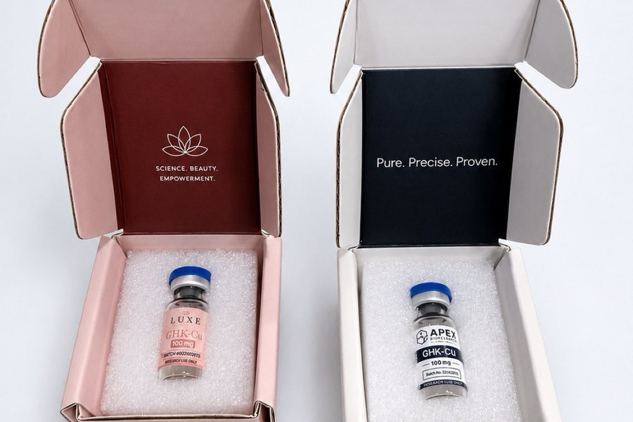 An Apex Biosciences box and a LUXE Peptides box open, each holding one sealed vial