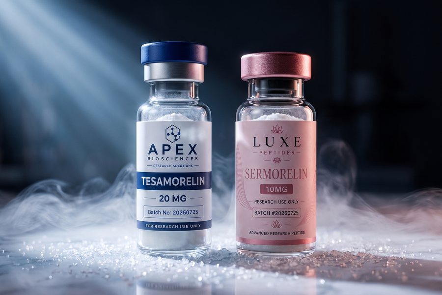 An Apex Biosciences vial and a LUXE Peptides vial standing in cold vapour